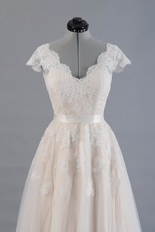 Wedding Dress Wedding Dresses, Cute Cap Sleeve V-neck Lace Tulle Wedding Dress