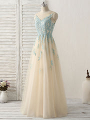 Party Dress Modest, Cute Champagne Lace Long Prom Dress, A Line Tulle Bridesmaid Dress