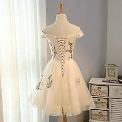 Evening Dress 2024, Cute Champagne Off Shoulder Knee Length Prom Dress , Lovely Formal Dress