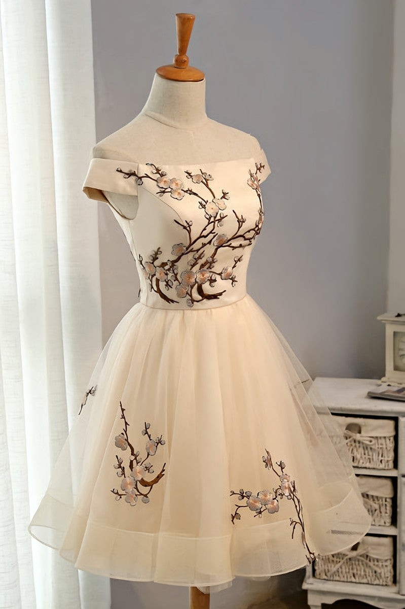Evening Dresses Australia, Cute Champagne Off Shoulder Knee Length Prom Dress , Lovely Formal Dress
