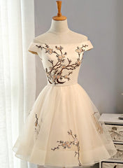Evening Dresses 2024, Cute Champagne Off Shoulder Knee Length Prom Dress , Lovely Formal Dress