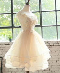 Formal Dress Suits For Ladies, Cute Champagne Organza Layers Knee Length Homecoming Dress with Lace, Short Prom Dress