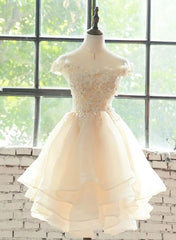 Formal Dresses, Cute Champagne Organza Layers Knee Length Homecoming Dress with Lace, Short Prom Dress