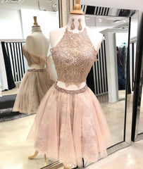Party Dress For Girls, Cute champagne tulle lace short prom dress, homecoming dress
