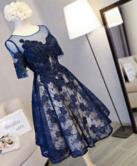 Prom Dresses Burgundy, Cute Dark Blue Lace Short Prom Dress, Blue Homecoming Dress