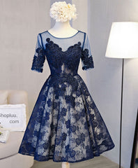 Prom Dress Burgundy, Cute Dark Blue Lace Short Prom Dress, Blue Homecoming Dress