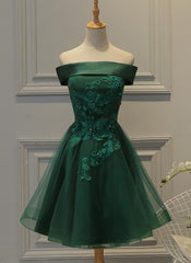 Party Dress Afternoon Tea, Cute Dark Green Off Shoulder Short Party Dress, Tulle Homecoming Dress