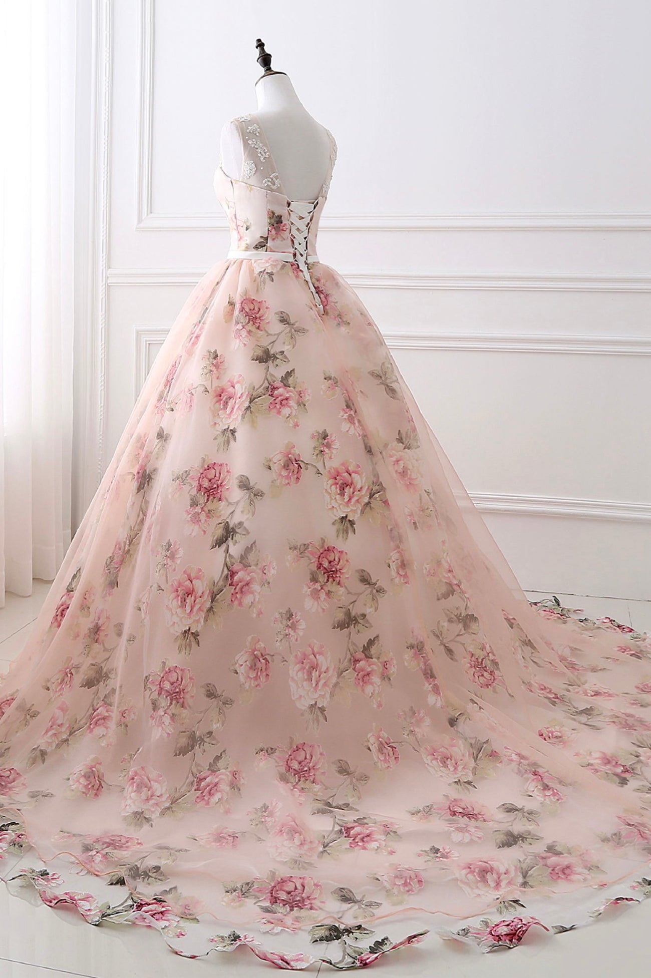 Homecoming Dresses Ideas, Cute Floral Long Prom Dress with Lace,  A-Line Scoop Neckline Party Dress