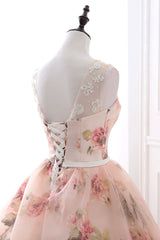 Homecoming Dresses Idea, Cute Floral Long Prom Dress with Lace,  A-Line Scoop Neckline Party Dress