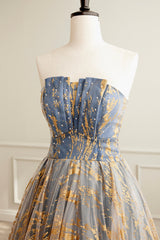 Prom Dress Blue, Cute Gradient Tulle Long Formal Dress, A-Line Strapless Prom Dress Evening Dress
