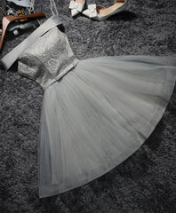 Party Dress Patterns, Cute Gray Lace Tulle Short Prom Dress, Gray Homecoming Dress