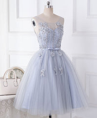 Formal Dress Websites, Cute Gray Round Neck  Lace Tulle Short Prom Dress, Homecoming Dress