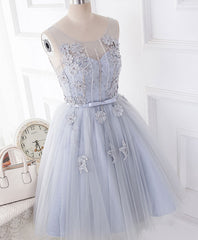 Formal Dress Website, Cute Gray Round Neck  Lace Tulle Short Prom Dress, Homecoming Dress