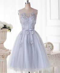 Formal Dress Wedding, Cute Gray Round Neck  Lace Tulle Short Prom Dress, Homecoming Dress