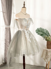 Party Dress Modest, Cute Gray Tulle Lace Short Prom Dress, Gray Tulle Puffy Homecoming Dress