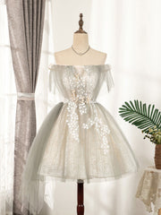 Party Dresses Modest, Cute Gray Tulle Lace Short Prom Dress, Gray Tulle Puffy Homecoming Dress