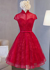 Dream Wedding, Cute Lace Short Cap Sleeves Homecoming Dress, Red Short Party Dresses