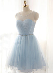 Floral Prom Dress, Cute Light Blue Homecoming Dress With Belt, Lovely Short Prom Dress