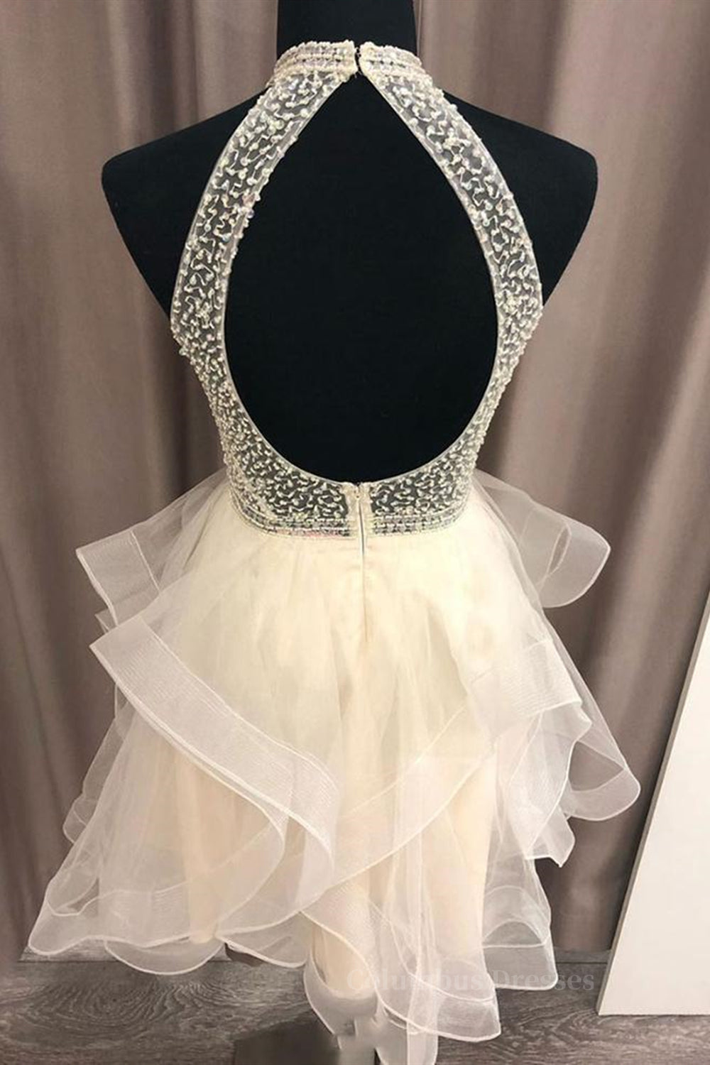Party Dress Over 82, Cute Open Back Champagne Beaded Short Prom Dress, Fluffy Champagne Beaded Homecoming Dress