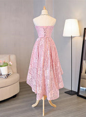 Prom Dresses Black Girls, Cute Pink High Low Lace Scoop Homecoming Dress, Pink Short Prom Dress