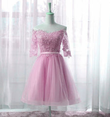 Classy Outfit Women, Cute Pink Knee Length Short Sleeves Party Dress, Tulle Prom Dress