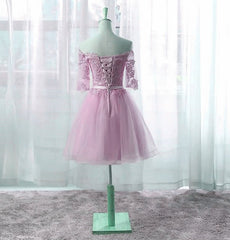 Sparklie Dress, Cute Pink Knee Length Short Sleeves Party Dress, Tulle Prom Dress