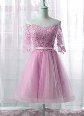 Black Tie Dress, Cute Pink Knee Length Short Sleeves Party Dress, Tulle Prom Dress