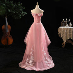 Prom Dress Ideas, Cute Pink Off Shoulder High Low Tulle with Lace Party Dress, Pink Homecoming Dresses