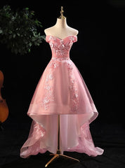 Prom Dresses Short, Cute Pink Off Shoulder High Low Tulle with Lace Party Dress, Pink Homecoming Dresses
