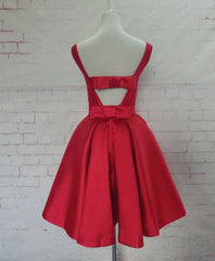Formal Dress Long Elegant, Cute Red A Line Satin Short Prom Dress, Backless Red Homecoming Dresses