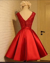 Dress To Wear To A Wedding, Cute Red Homecoming Dress, Round Neckline Lace and Satin Party Dress