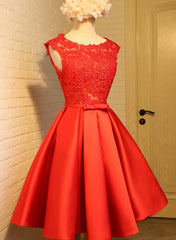 Best Prom Dress, Cute Red Homecoming Dress, Round Neckline Lace and Satin Party Dress