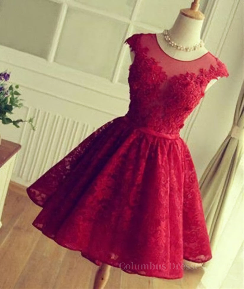 Formal Dress Online, Cute Round Neck Red Lace Short Prom Dresses, Red Homecoming Dresses