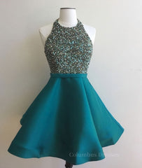 Formal Dress Black, Cute Round Neck Sequin Backless Green Short Prom Dresses, Green Homecoming Dresses