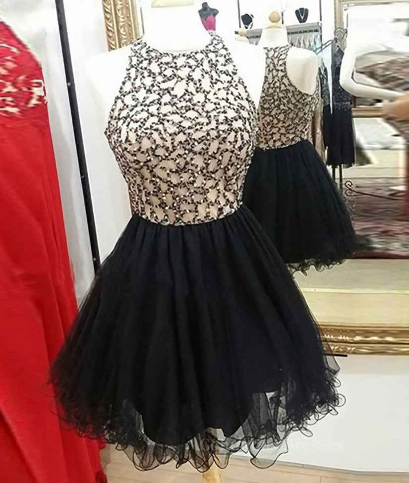 Formal Dressed Long, Cute Round-Neck Sequin Tulle Short Black Prom Dresses, Black Homecoming Dresses