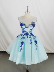 Homecoming Dresses Bodycon, Cute Round Neck Tulle Lace Short Prom Dress, Blue Homecoming Dress