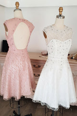 Bridesmaid Dresses Pink, Cute round neck tulle lace short prom dress lace bridesmaid dress