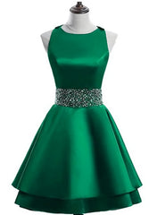 Formal Dresses For Middle School, Cute Satin Knee Length Cross Back Beaded Party Dress, Homecoming Dress