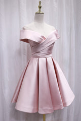 Functional Dress, Cute Satin Pink Sweetheart Off Shoulder Knee Length Party Dress, Short Prom Dress