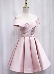 Dress Ideas, Cute Satin Pink Sweetheart Off Shoulder Knee Length Party Dress, Short Prom Dress