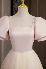 Princess Prom Dress, Cute Satin Tulle Long Prom Dress, A-Line Short Sleeve Evening Dress