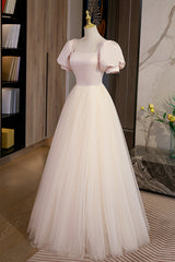 Glamorous Dress, Cute Satin Tulle Long Prom Dress, A-Line Short Sleeve Evening Dress