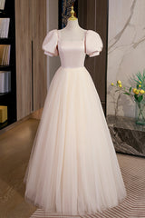 Stunning Dress, Cute Satin Tulle Long Prom Dress, A-Line Short Sleeve Evening Dress