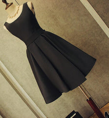 Summer Wedding, Cute Short Black Satin Knee Length Homecoming Dress, Black Party Dress