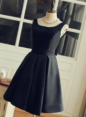 Long Sleeve Dress, Cute Short Black Satin Knee Length Homecoming Dress, Black Party Dress