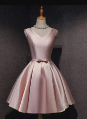 Bridesmaid Dress Color, Cute Short Satin Pink V-neckline Knee Length Party Dress, Pink Prom Dress Homecoming Dress