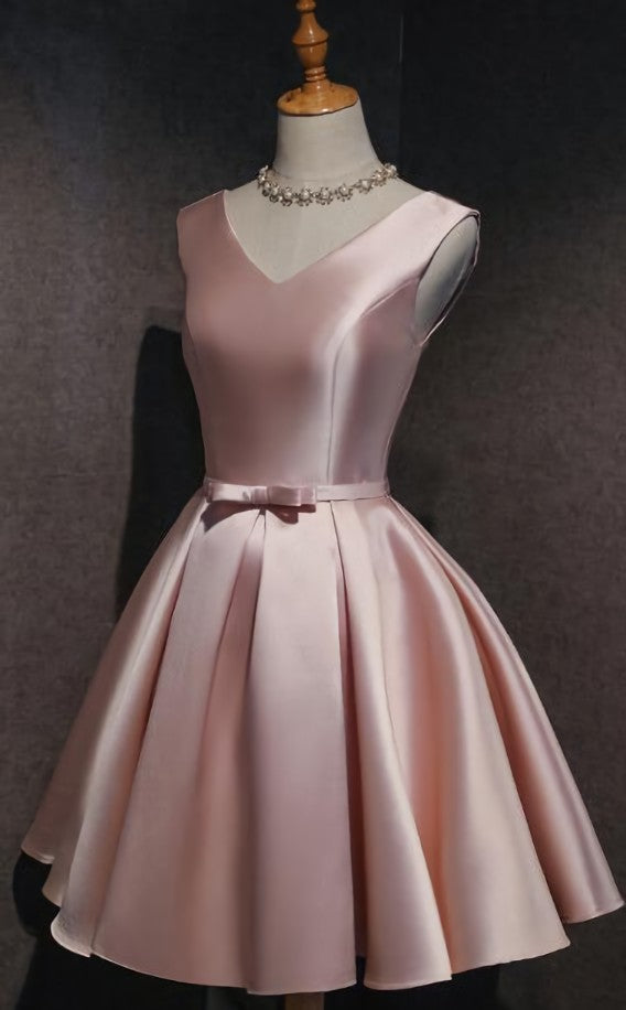 Bridesmaids Dresses Colors, Cute Short Satin Pink V-neckline Knee Length Party Dress, Pink Prom Dress Homecoming Dress