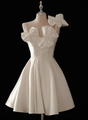 Semi Formal Dress, Cute Short White Satin Knee Length Party Dress with Bow, White Graduation Dress