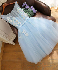 Formal Dress Stores, Cute Sky Blue Lace Tulle Short Prom Dress, Homecoming Dress