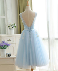 Formal Dress Ideas, Cute Sky Blue Lace Tulle Short Prom Dress, Homecoming Dress